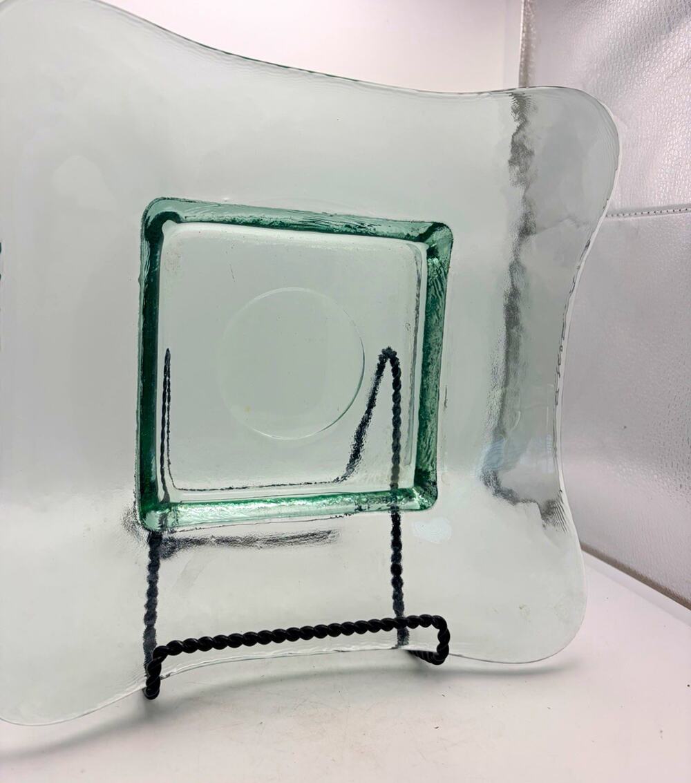Square Clear Green-Tinted Glass Platter. Solid Decorative Serving Plate
